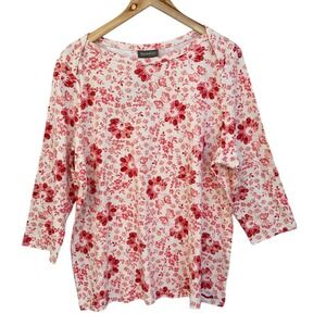 Style & Co Floral Print Top 3/4‎ Sleeve Supima Cotton Red White 2X NWT Office